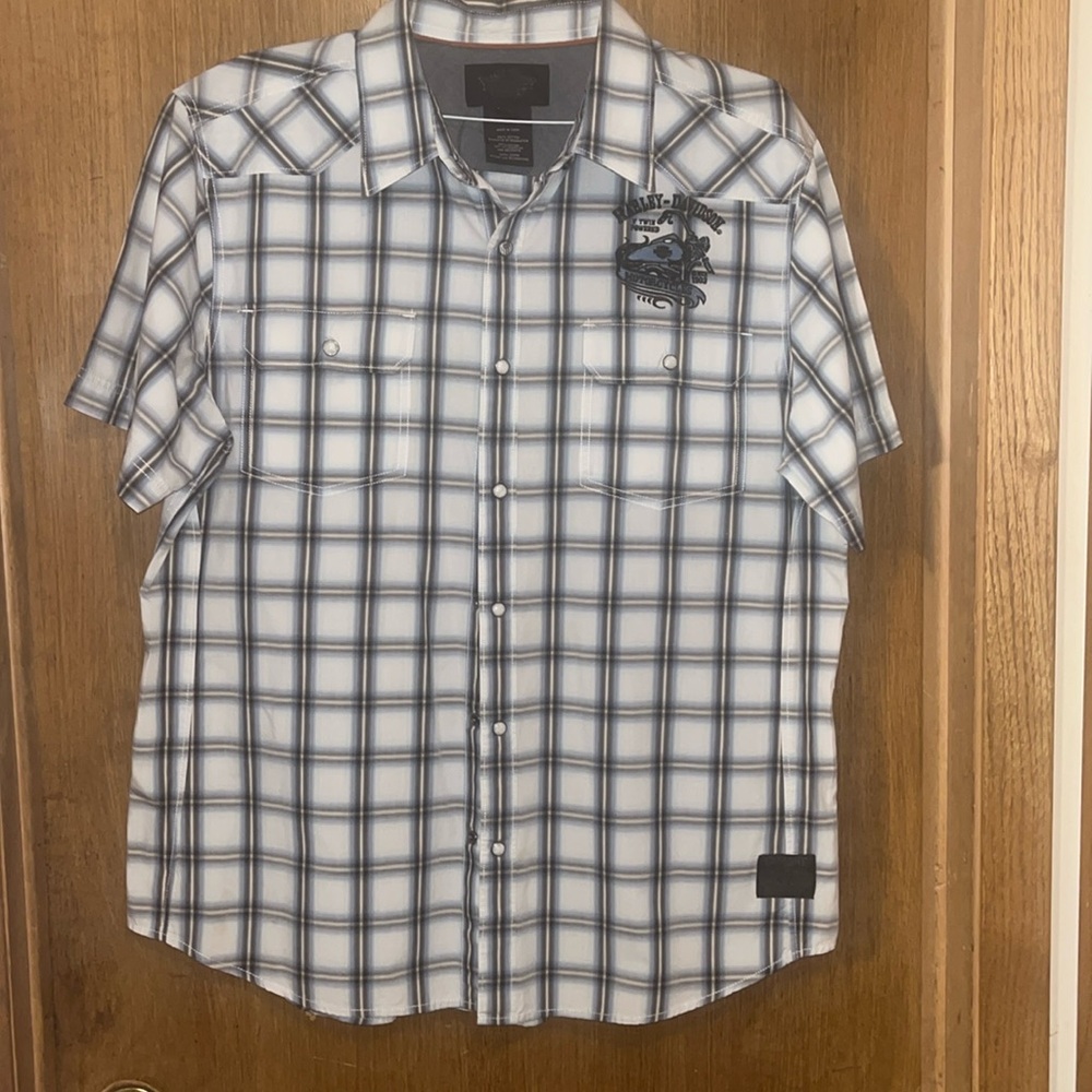 Harley-Davidson White and Blue Plaid Short Sleeve Shirt